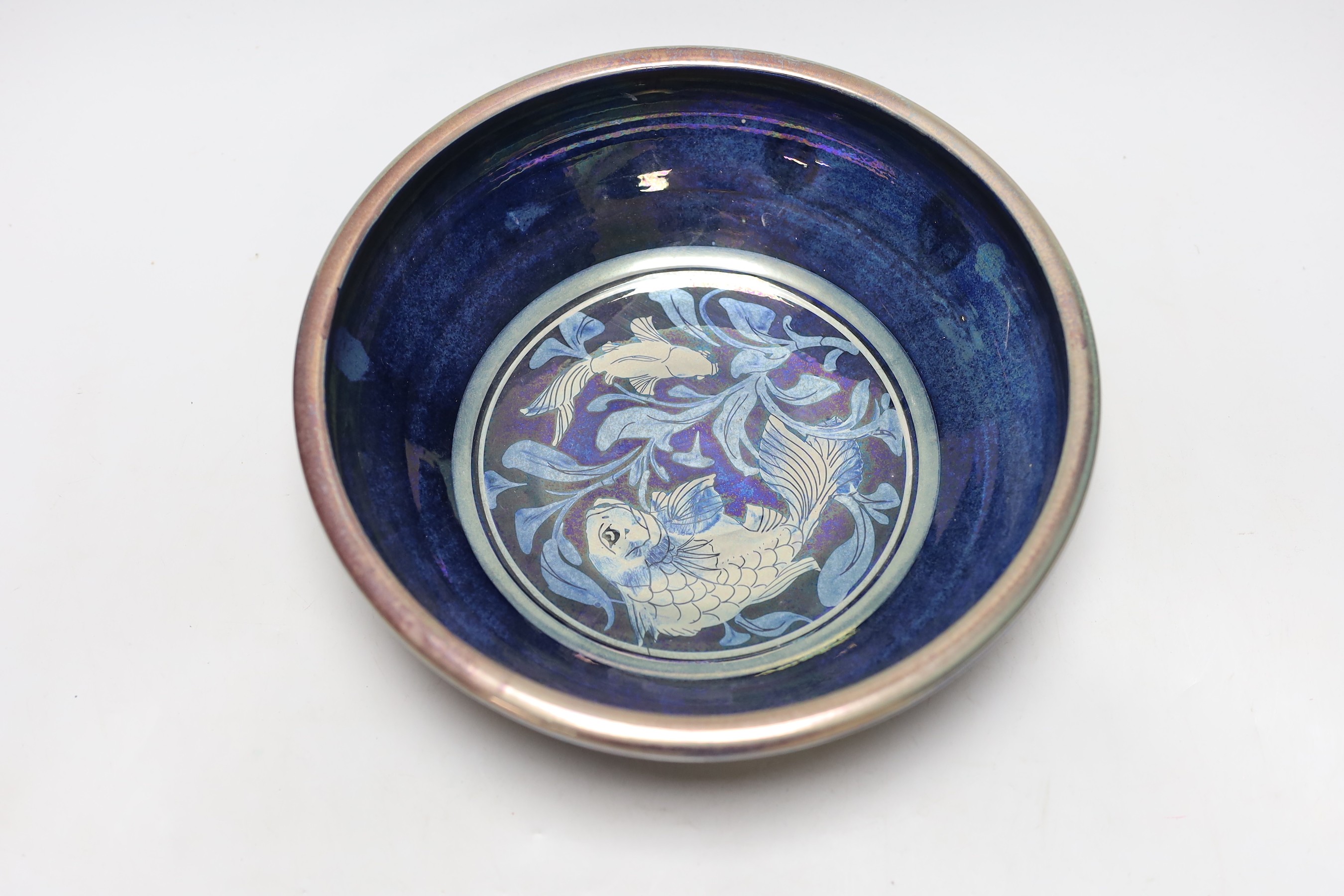 A Chiswell Jones art pottery fish designed lustre bowl, No. 7158, 27cms diameter